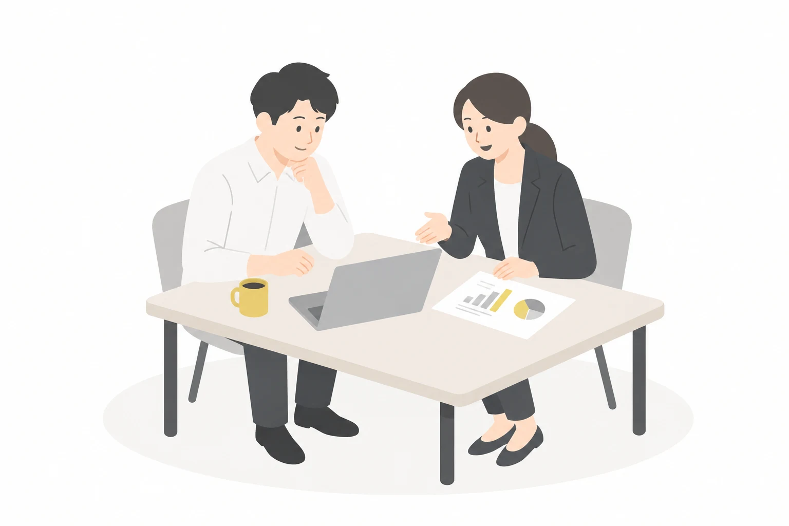 事業者とマーケティング担当者が一緒に施策を検討するイラスト